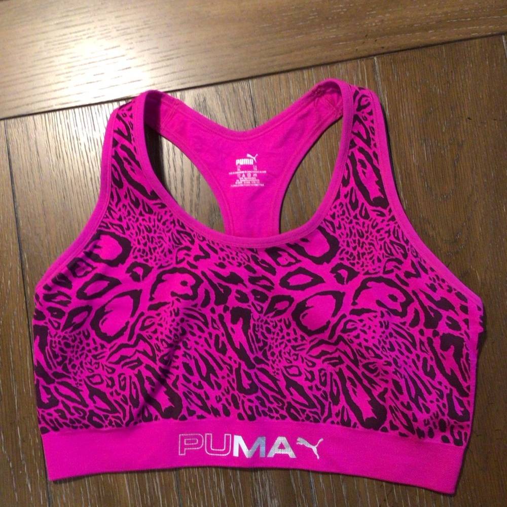 Puma Pink Sports Bra with Racerback Design and Abstract Pattern